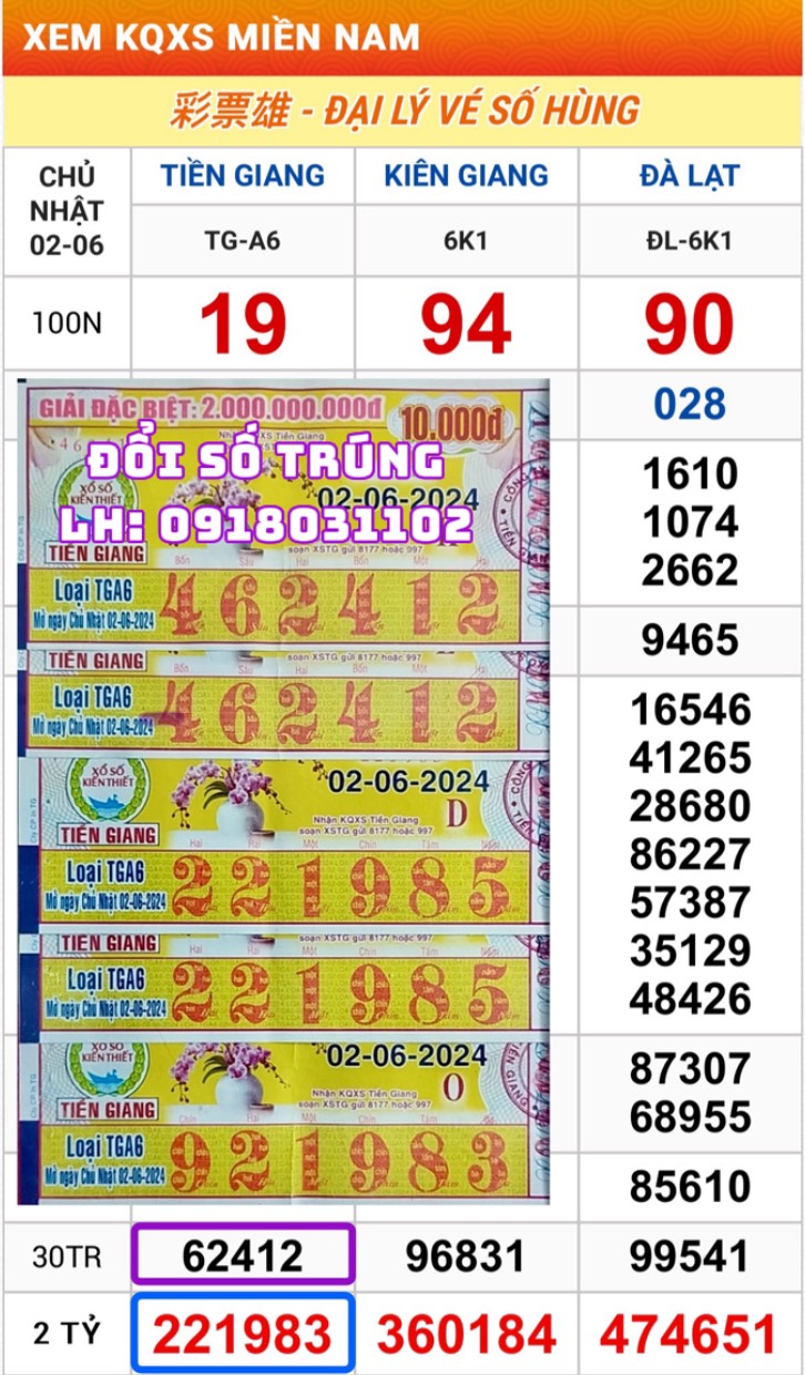 Vé Trúng Thưởng-Chủ nhật: Ngày 02.06.2024 Tiền Giang