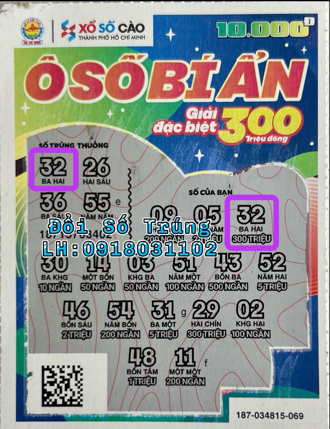 chúc mừng khách hàng may mắn! xổ số cào trúng ô số bí ẩn 187 giải đặc biệt 300 triệu đồng